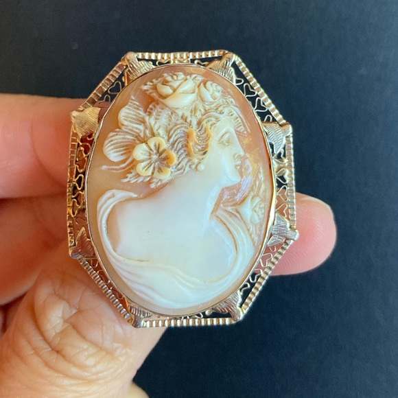 *HP* Antique Victorian 14k white gold filigree cameo hand carved brooch pendant - Picture 4 of 15
